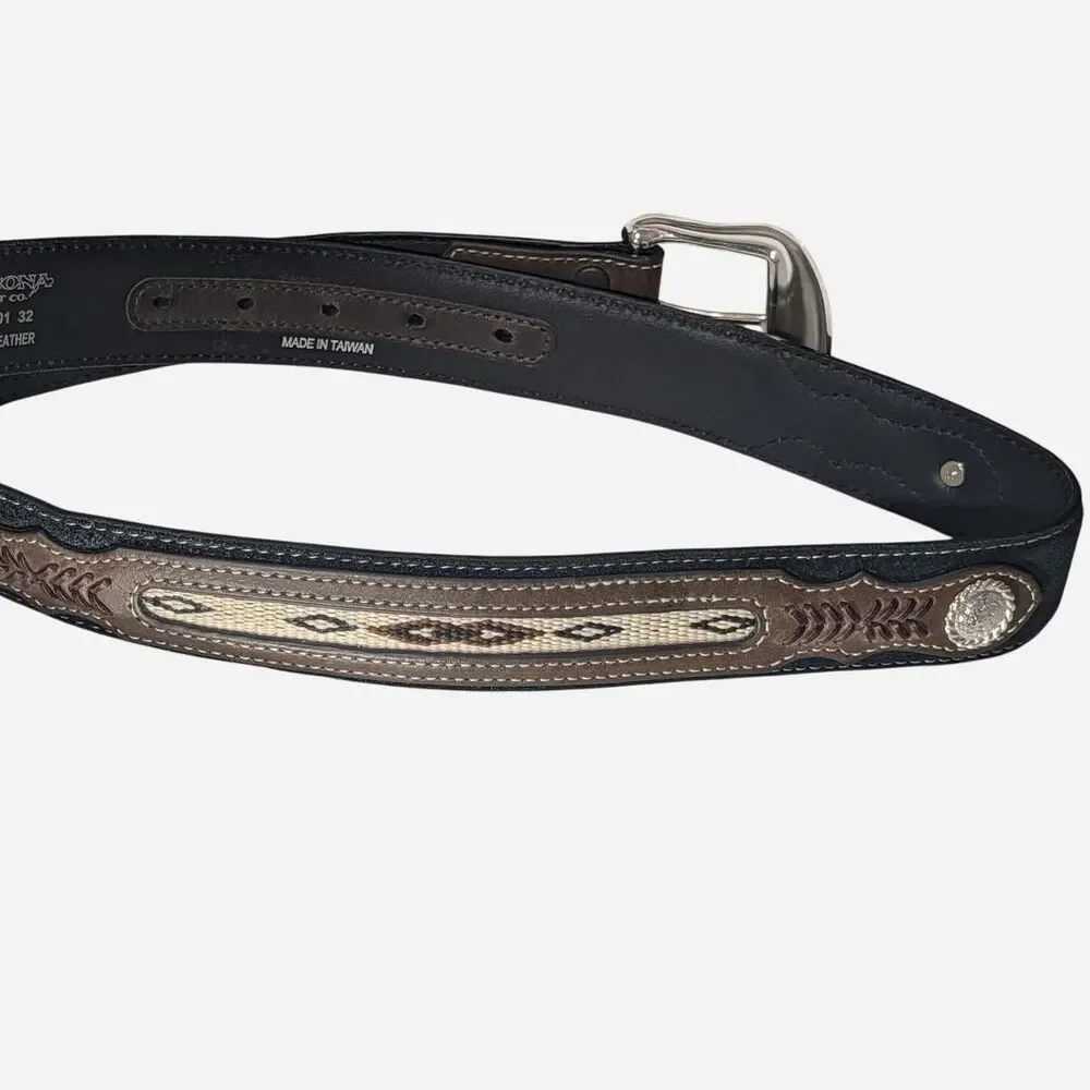 Nocona Mens Leather Western Belt Size 32 (S) Brown Black Southwest Silver Buckle